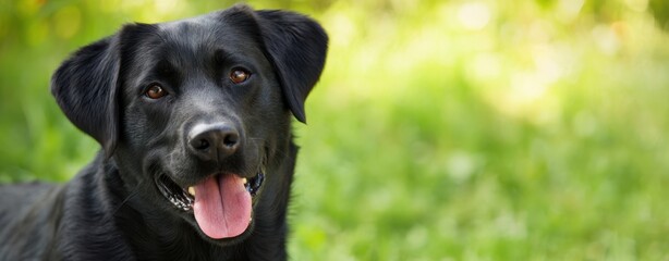 The cheerful black Labrador enjoying a sunny day in a lush green setting.