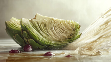 Two halves of fresh artichokes waiting for preparation. Liquid splashes around on a surface.