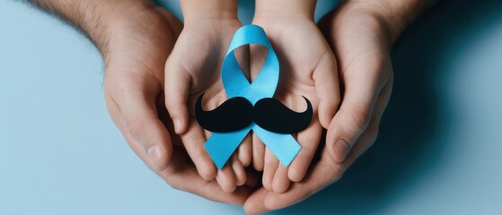 The Hands Supporting a Blue Ribbon and Mustache Symbolizing Awareness