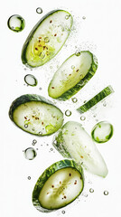 Refreshing cucumber slices and water droplets create a vibrant display. Perfect for health, beauty, or freshness concepts.