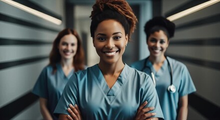 Diverse team of smiling nurses in medical scrubs standing in a hospital corridor