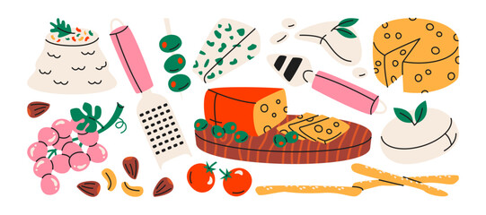 Varieties of cheese in retro cartoon style. Antipasti set: mozzarella, gouda, parmesan, olives, grapes. Gourmet snack,cheese plate composition, illustration in funky, doodle style, sticker set.