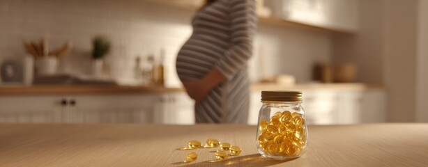 The pregnant woman surrounded by wellness and nutritional supplements in a kitchen setting.