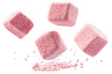 Four pink cube marshmallows tumbling with small pieces isolated on a transparent background candy sweet