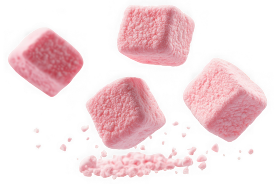 Four pink cube marshmallows tumbling with small pieces isolated on a transparent background candy sweet