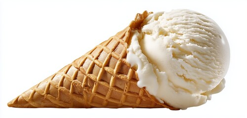 Vanilla ice cream in a waffle cone melting slightly on a white background in a studio shot close up