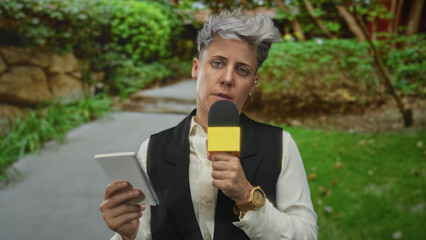 Woman holds microphone and notepad amid dense green foliage in forest while speaking; calm...