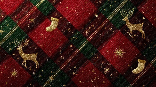 Red and green plaid Christmas texture with sparkly gold stars, reindeer silhouettes, and woolen stockings symbolizing winter warmth. - Powered by Adobe
