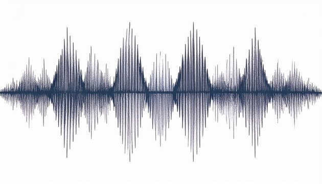 Abstract visual representation depicts a sound wave or audio waveform, displaying peaks, valleys, and a symmetrical reflection across the central axis, showcasing a rhythmic pattern against a white... - Powered by Adobe