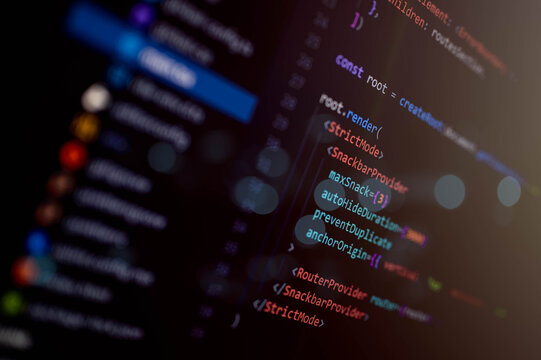 Close-up of React app initialization using createRoot with StrictMode, SnackbarProvider, and RouterProvider in a dark-themed code editor for modern frontend development.