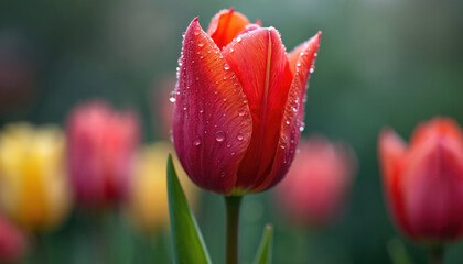Red tulip with dew drops on petals. Close-up view of flower in garden. Blurred background with other tulips. Spring season, blooming flowers, vibrant colors and fresh plants.