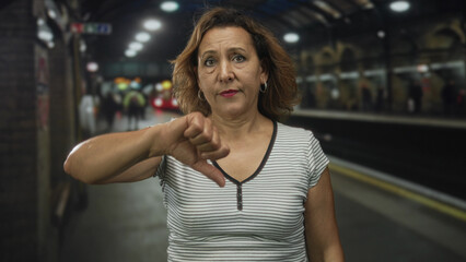 Woman in striped t shirt shows thumb down gesture at busy train station platform under arched...
