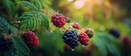 The Dewy Blackberries and Raspberries Glimmering in Morning Light