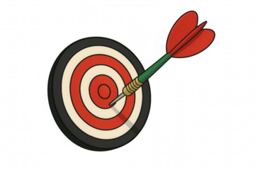 Dart hitting bullseye on target board, illustrating accuracy, success, and goal achievement, perfect score concept