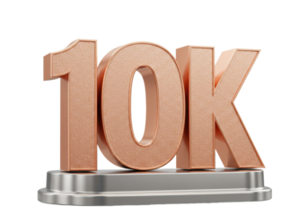 Rose gold 10K sign isolated on silver base PNG, achievement celebration for social media milestone and business success