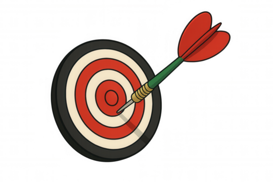 Dart hitting bullseye on target board, illustrating accuracy, success, and goal achievement, perfect score concept