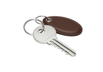 Silver metal key with brown leather keychain isolated on transparent background, security and access concept