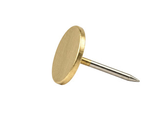 Brass push pin isolated on transparent background, gold thumbtack for office and school supplies, bulletin board fastener