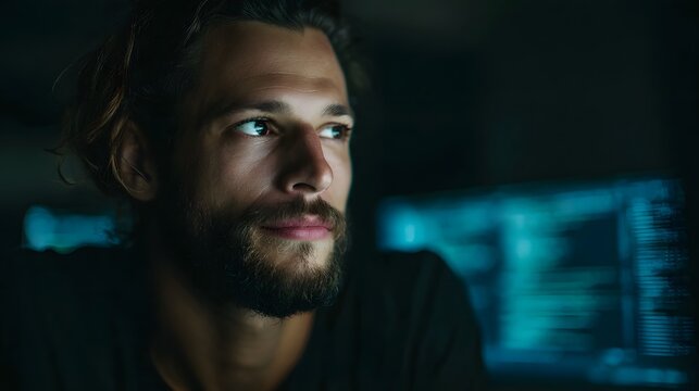 A man deeply focused on a computer screen displaying code in a dimly lit high tech environment