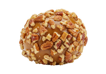 Caramel apple with pecans isolated on transparent background, delicious autumn dessert for Thanksgiving and Halloween
