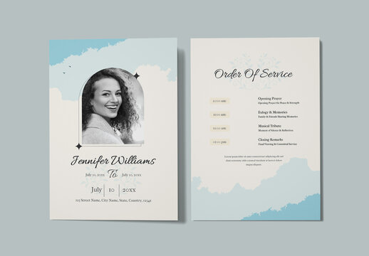 Elegant Funeral Memorial Program Template with Sky Blue Accents