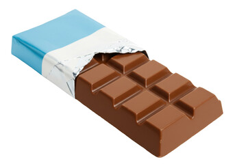 Milk chocolate bar isolated with blue wrapper, sweet treat for dessert and snack on transparent background