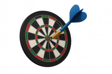 Dartboard with blue dart hitting bullseye, achieving business goal, success concept on transparent background