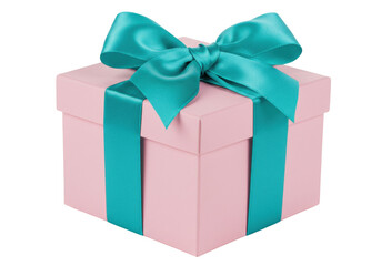 Pink gift box with teal ribbon and bow isolated, present for birthday or special occasion on a clean background