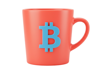 Red mug with blue Bitcoin symbol isolated on transparent background, cryptocurrency concept for finance and digital currency