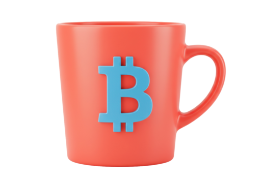 Red mug with blue Bitcoin symbol isolated on transparent background, cryptocurrency concept for finance and digital currency