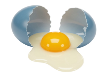 Cracked blue egg with yolk isolated on transparent PNG, broken shell with dripping egg white for food design and Easter concepts
