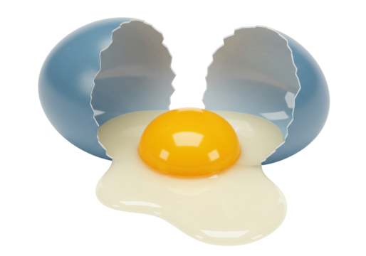 Cracked blue egg with yolk isolated on transparent PNG, broken shell with dripping egg white for food design and Easter concepts
