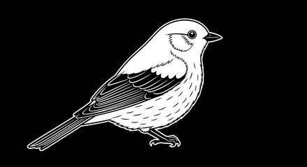 Detailed Line Art of a Bushtit Bird on Black Background.