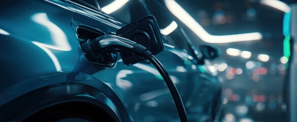 The electric vehicle charging in a modern urban environment at night.