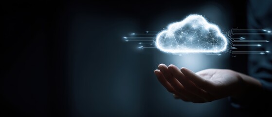 The hand holding a glowing cloud symbolizing digital innovation and connectivity.