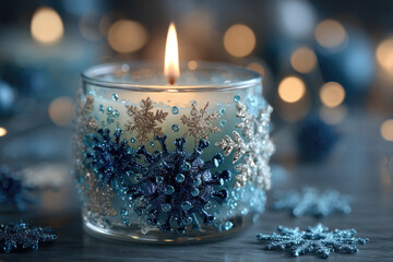 Lit candle illuminating virus particles against a blurred bokeh backdrop, symbolizing the importance of following safety precautions amidst the continuing pandemic this holiday season