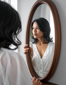 Woman in white robe looking into mirror