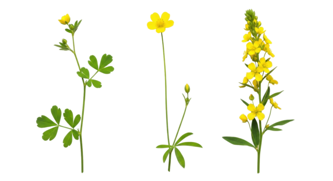 Isolated arrangement of three buttercup wildflower stems for botanical design, illustration