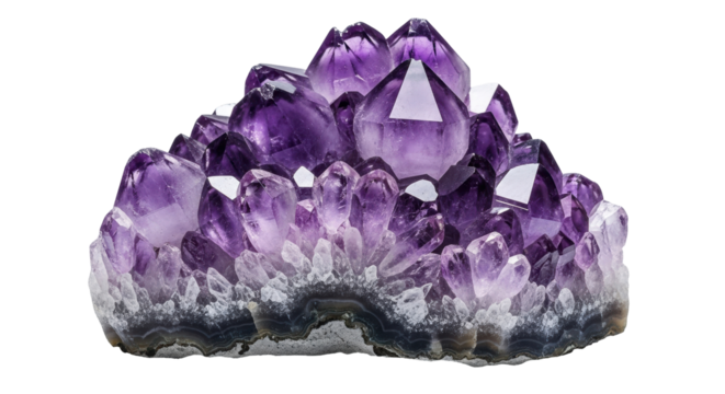 Isolated Amethyst geode mineral specimen cluster quartz crystals gems nature violet jewel