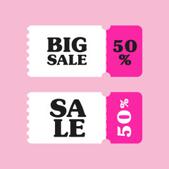 Sale Coupon and Voucher Template Set. 50% Discount Ticket for Big Sale Promotion. Vector Illustration.