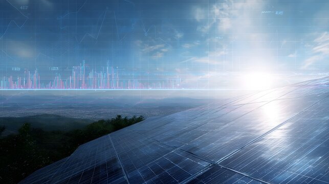 Solar panels overlaid with digital financial charts against a bright sky and landscape - Powered by Adobe