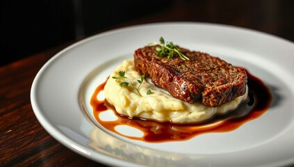 elegant presentation gourmet plated microgreens restaurant style meatloaf mashed potatoes fine dining  
