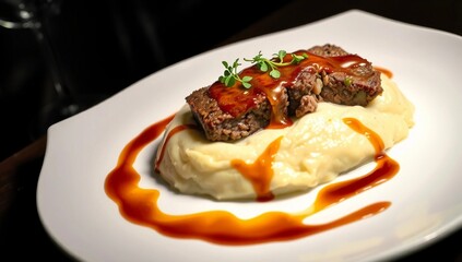 gourmet plated microgreens fine dining meatloaf mashed potatoes restaurant style elegant presentation  
