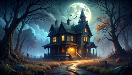 Haunted House Halloween Night Spooky Mansion, Full Moon, Eerie Scene