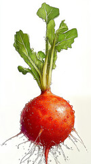 A vibrant red radish with lush green leaves bursts with fresh water droplets. This healthy vegetable pops against a clean white background.
