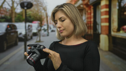 Young blonde woman holding camera to eye on city street; creativity inspiration curiosity...