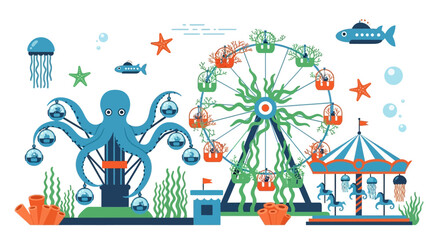 Obraz premium Marine Themed Amusement Park Illustration with Fun Rides.