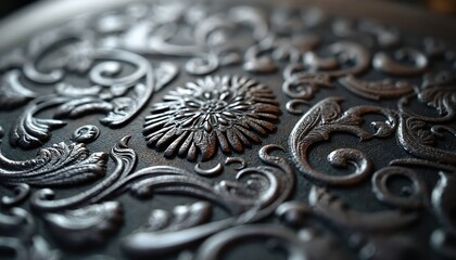 Close up of an ornate metal plate with intricate engraved patterns. The detailed design features swirling floral elements and a central rosette, suggesting fine craftsmanship in a workshop setting.