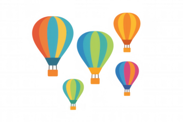 Multiple colorful hot air balloons flying, representing travel, adventure, and exploration. Flat design vector illustration with transparent background
