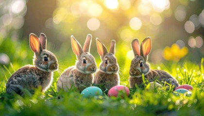 Four Rabbits Amidst Green Grass and Decorated Eggs in Golden Hour Light Full Shot